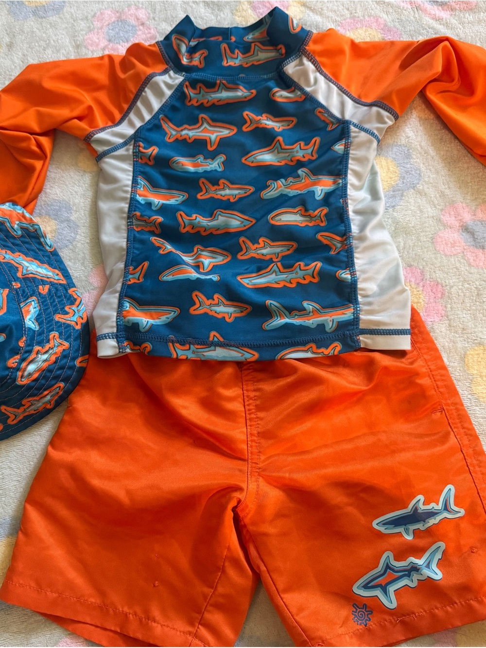 Kids Orange & Teal Shark Rash Guard Set